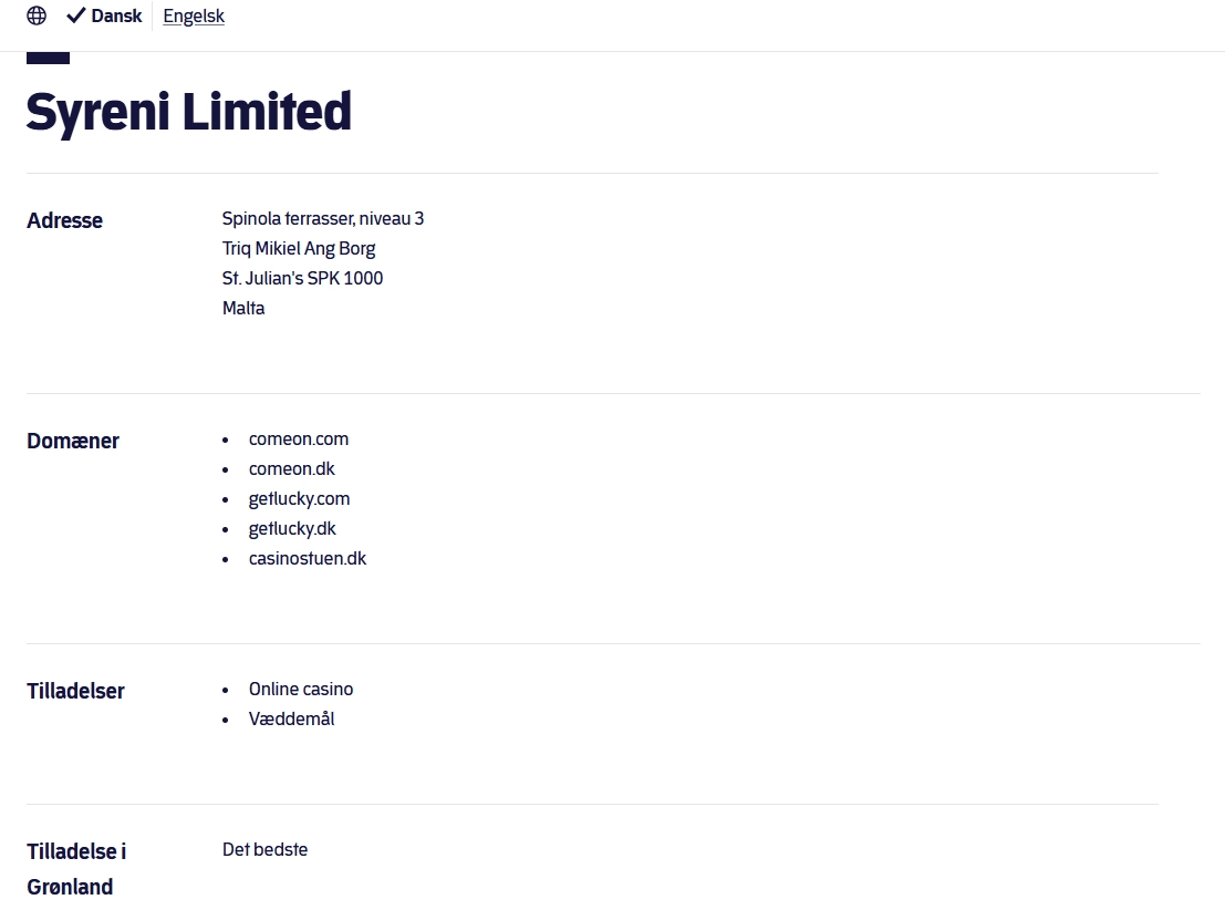 Spillemyndighedens registerpost for Syreni Limited